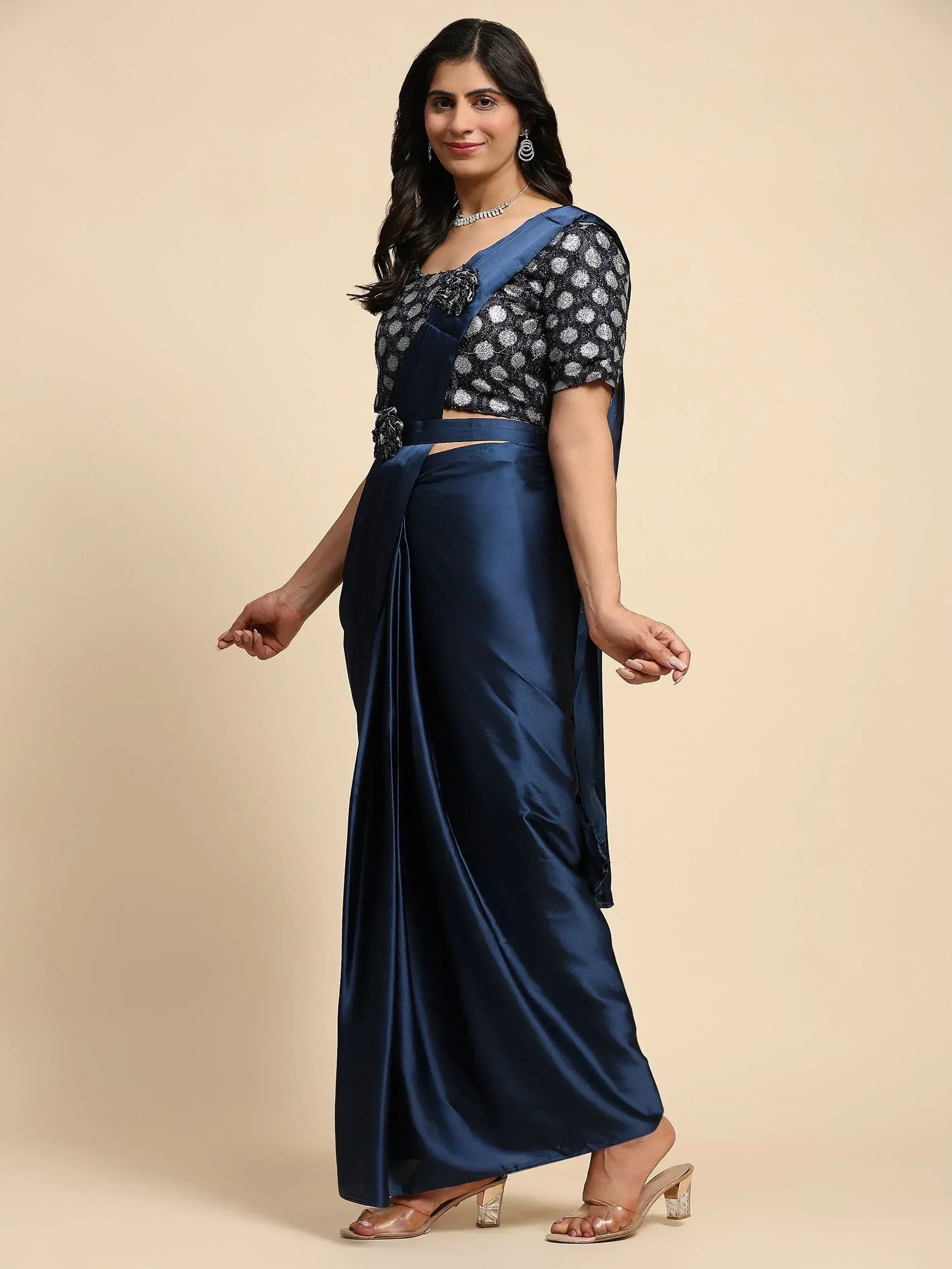 Navy blue satin saree with sequin blouse, Indian ethnic wear for women