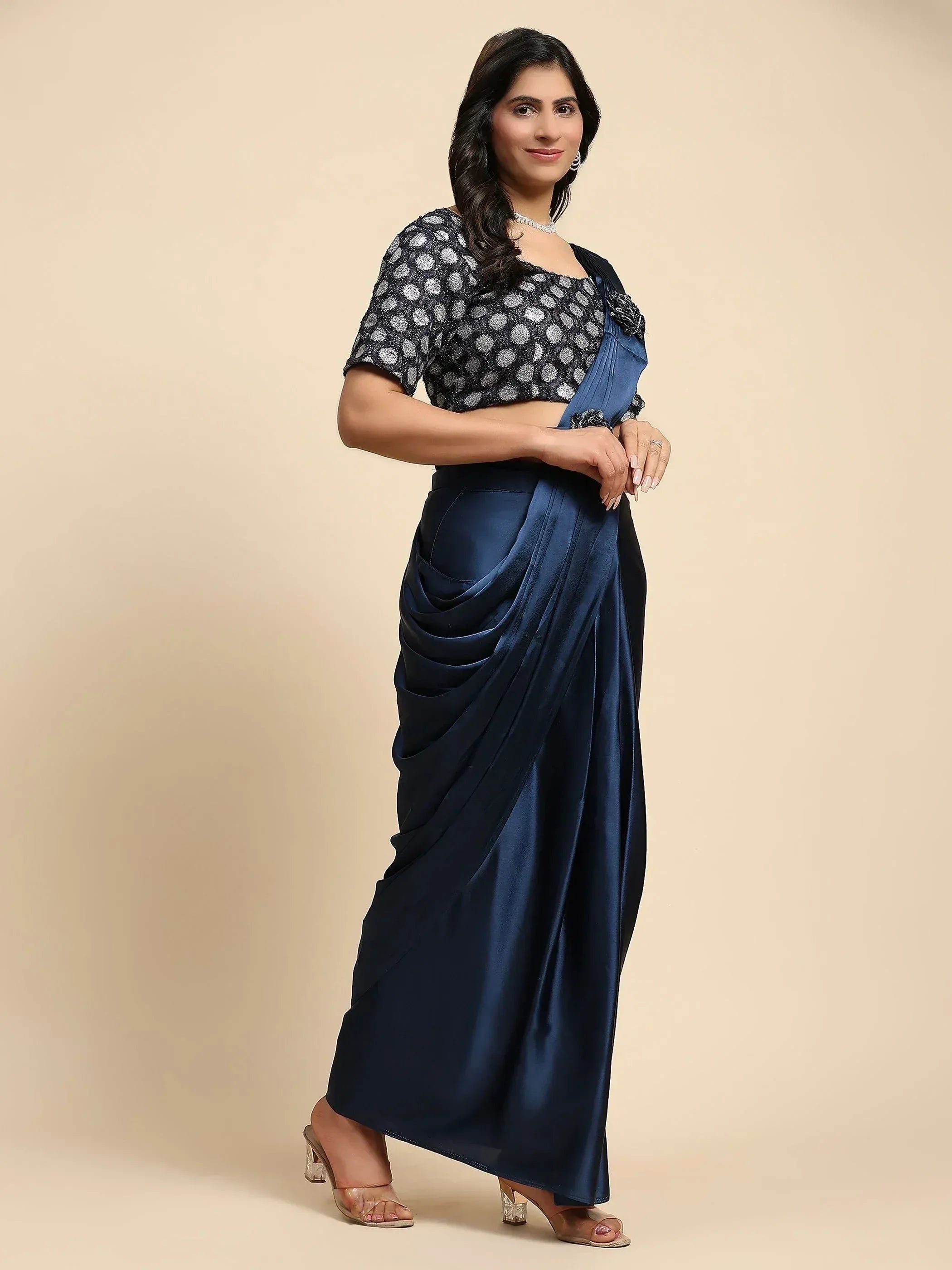 Navy blue satin saree with polka dot blouse, elegant Indian ethnic wear for women