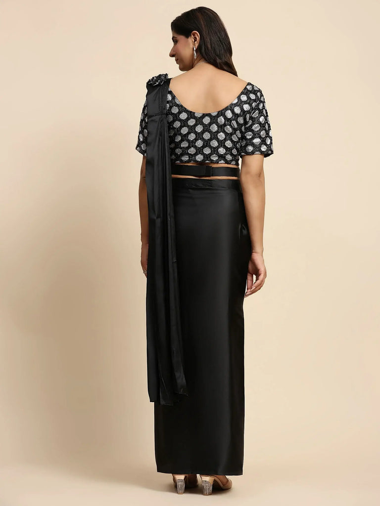 Glamorous Black Satin Event Wear Pre-Stitched Saree With Blouse