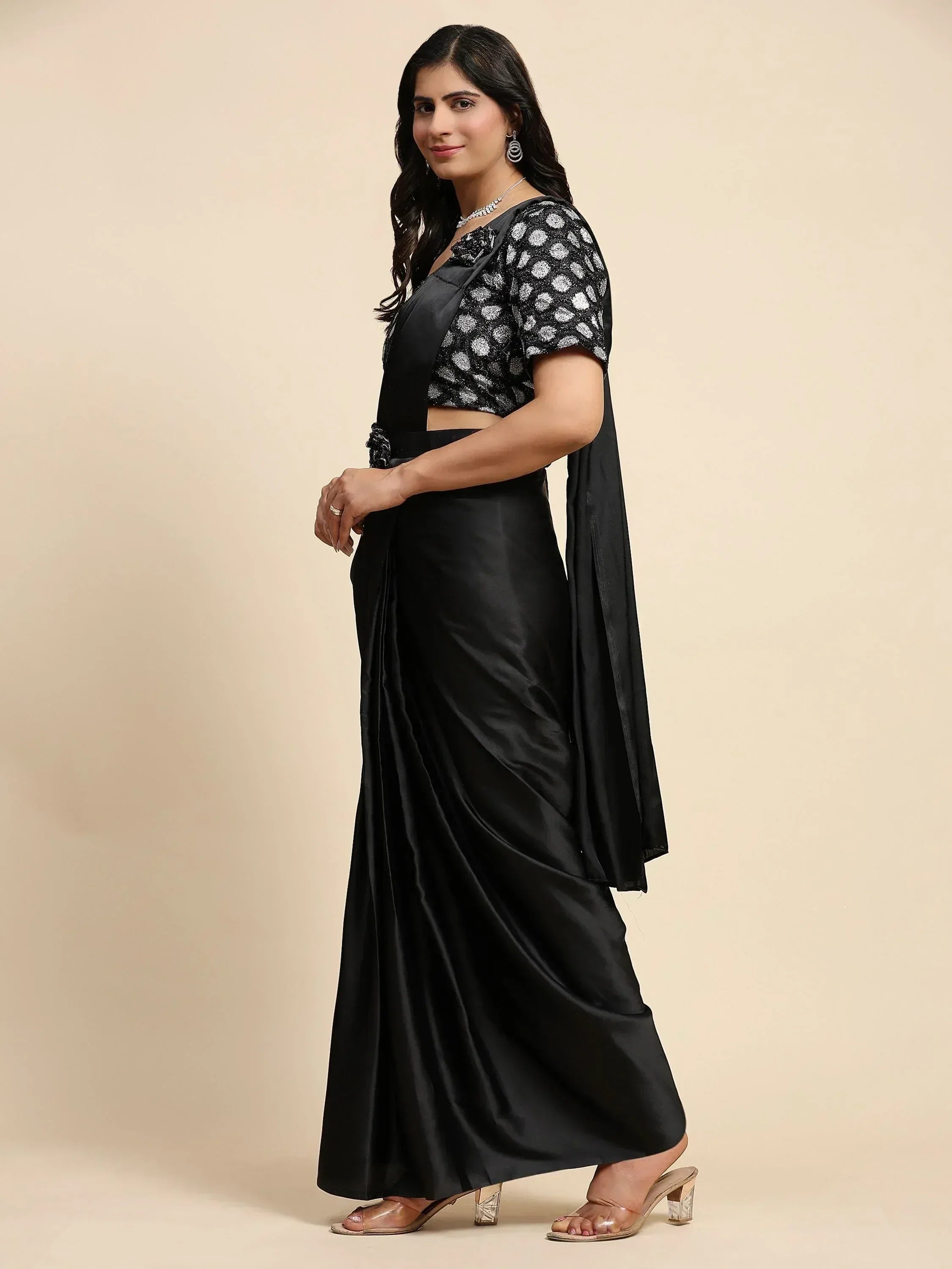 Black satin saree with polka dot blouse, ethnic Indian wear for women