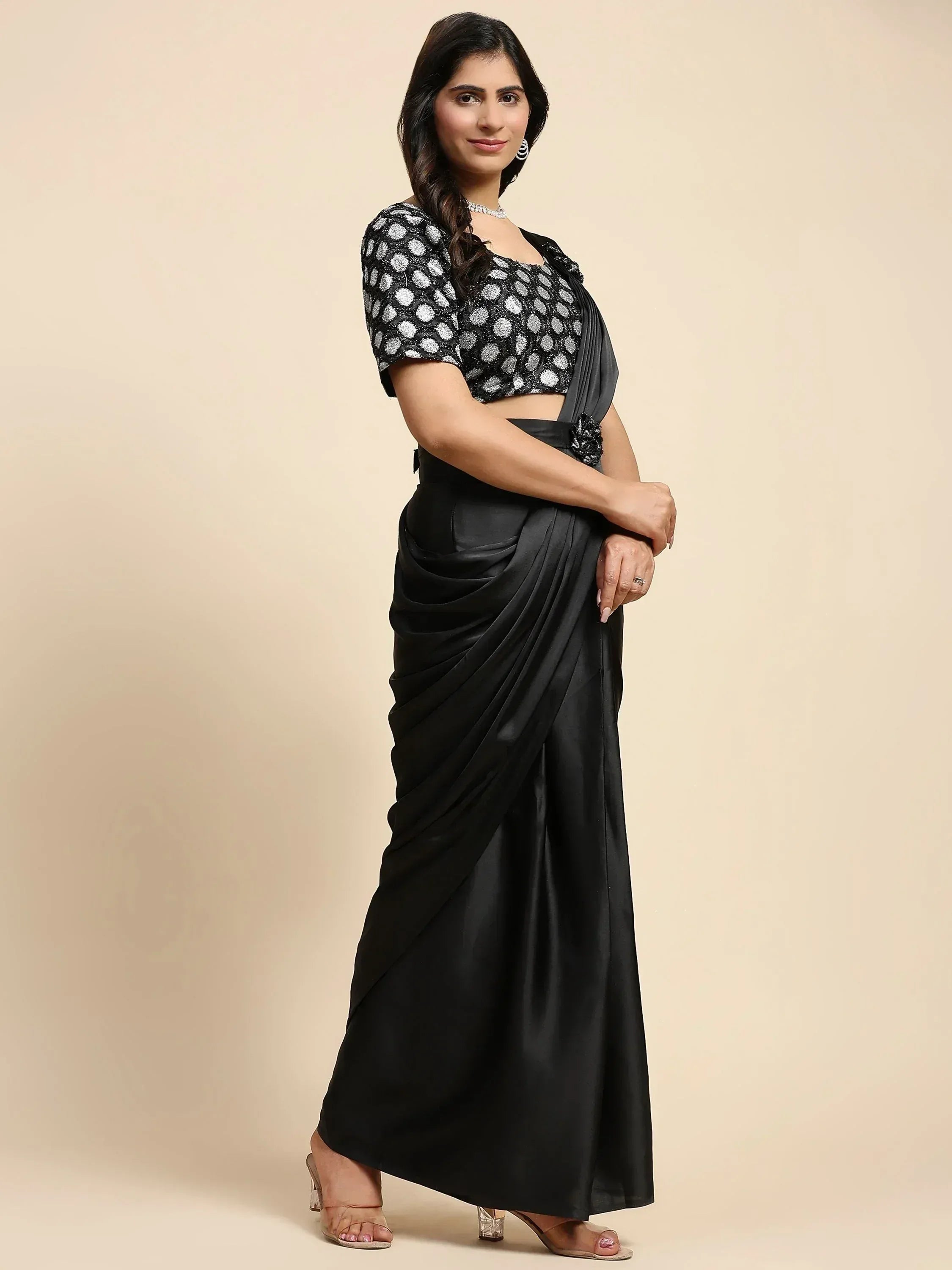 Black satin saree with polka dot blouse, Indian ethnic wear for women