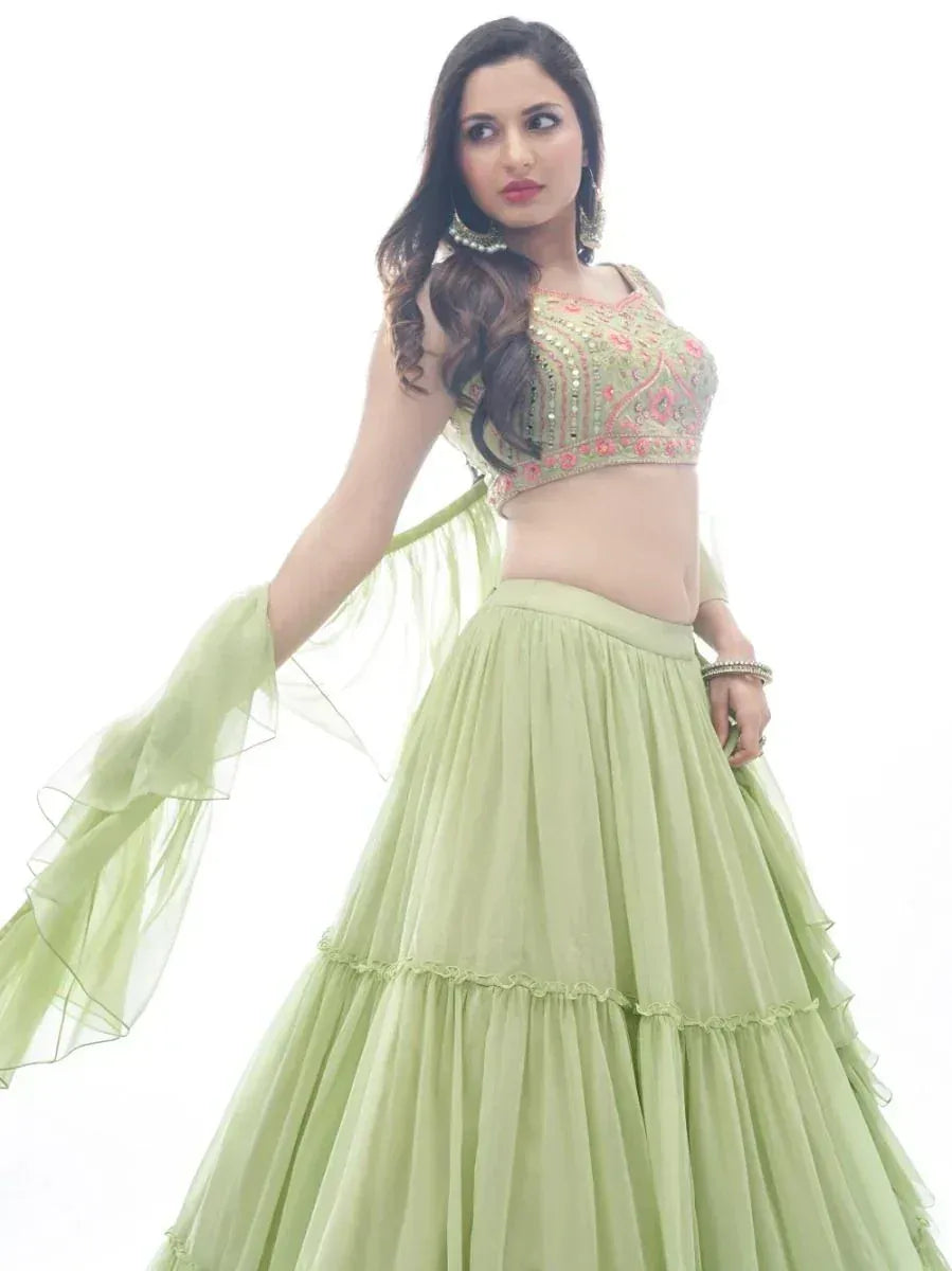 Light green embroidered lehenga choli with sheer dupatta, perfect for Indian ethnic wear occasions