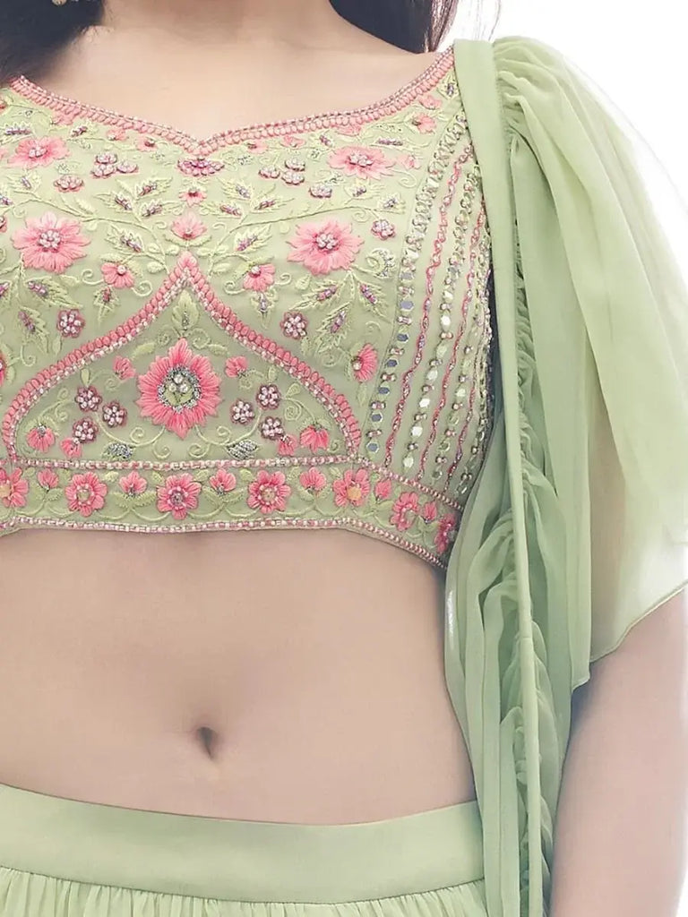 Gorgeous Pastel Green Frill Work Georgette Event Wear Lehenga Choli