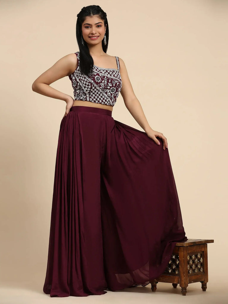 Pretty Wine Color Embroidered Chinon Crop Top Palazzo With Shrug