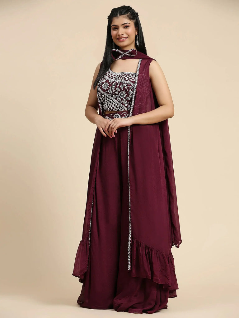 Pretty Wine Color Embroidered Chinon Crop Top Palazzo With Shrug