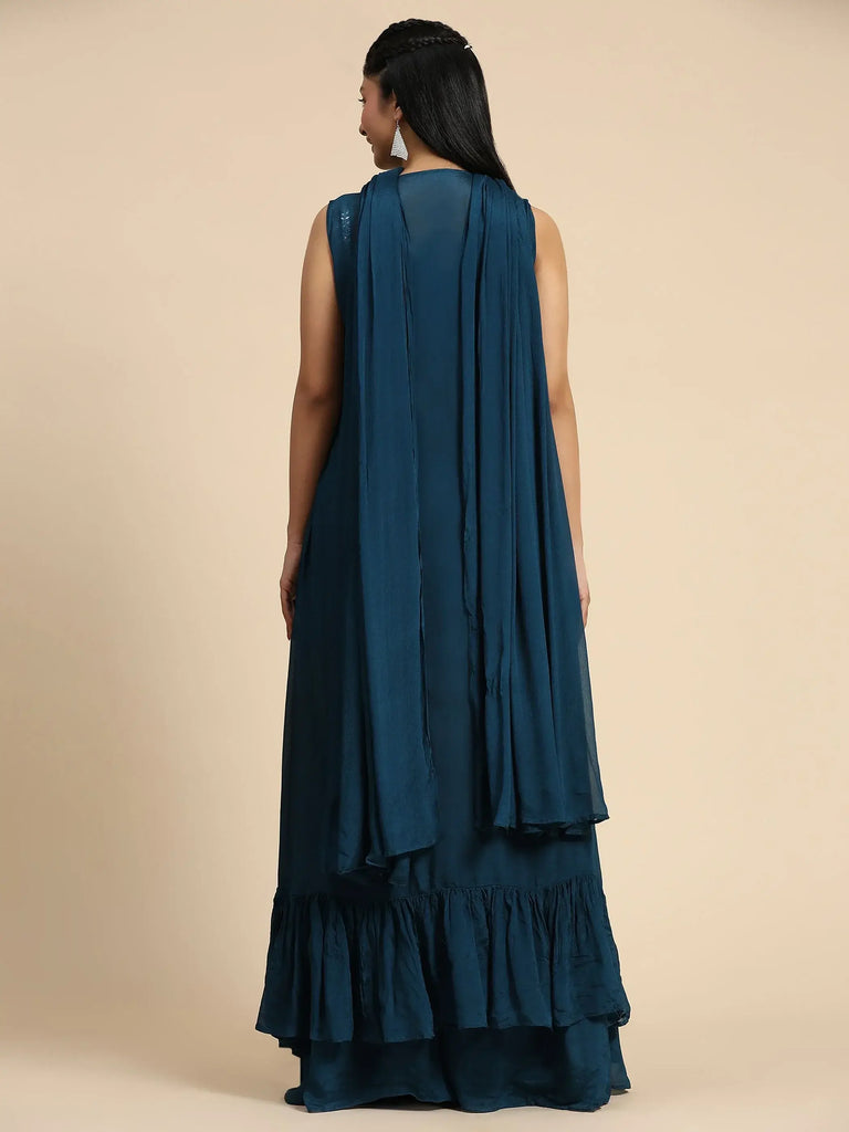 Adorable Teal Blue Embroidered Chinon Crop Top Palazzo With Shrug