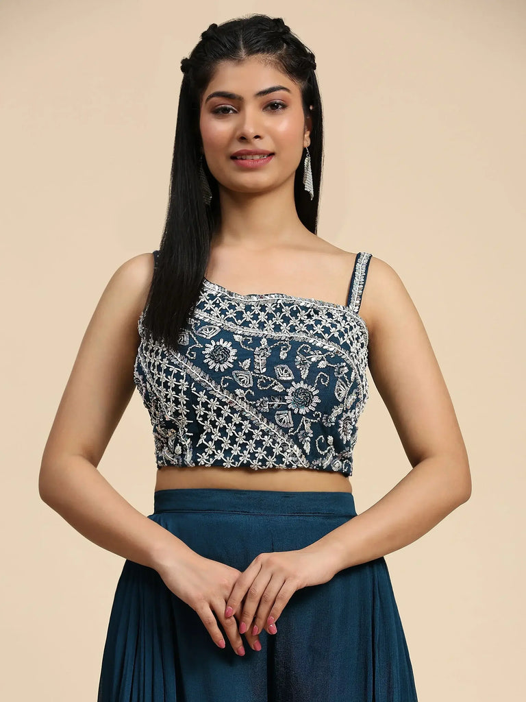 Adorable Teal Blue Embroidered Chinon Crop Top Palazzo With Shrug