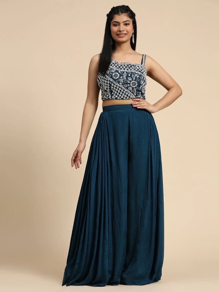 Adorable Teal Blue Embroidered Chinon Crop Top Palazzo With Shrug