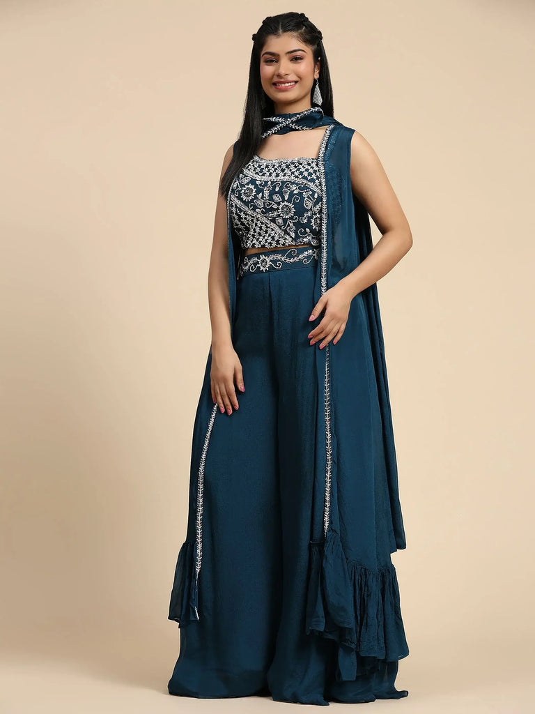 Adorable Teal Blue Embroidered Chinon Crop Top Palazzo With Shrug