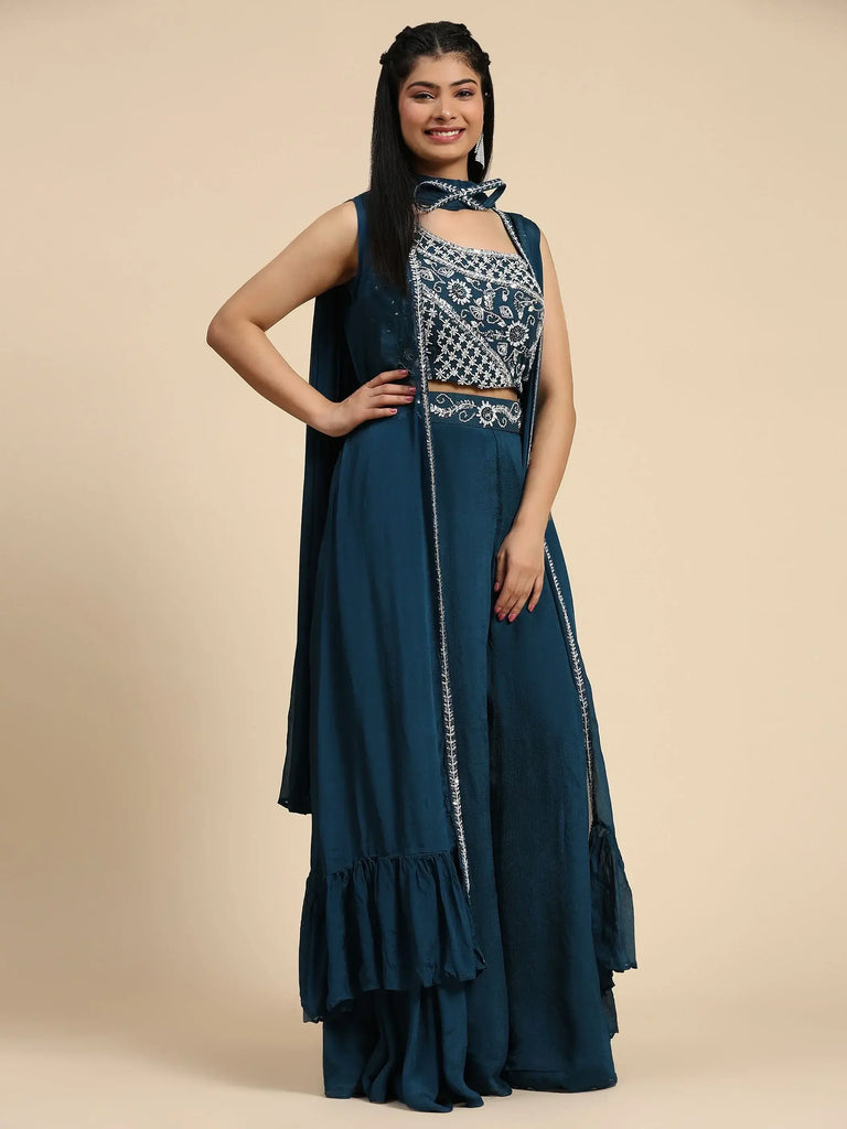 Adorable Teal Blue Embroidered Chinon Crop Top Palazzo With Shrug