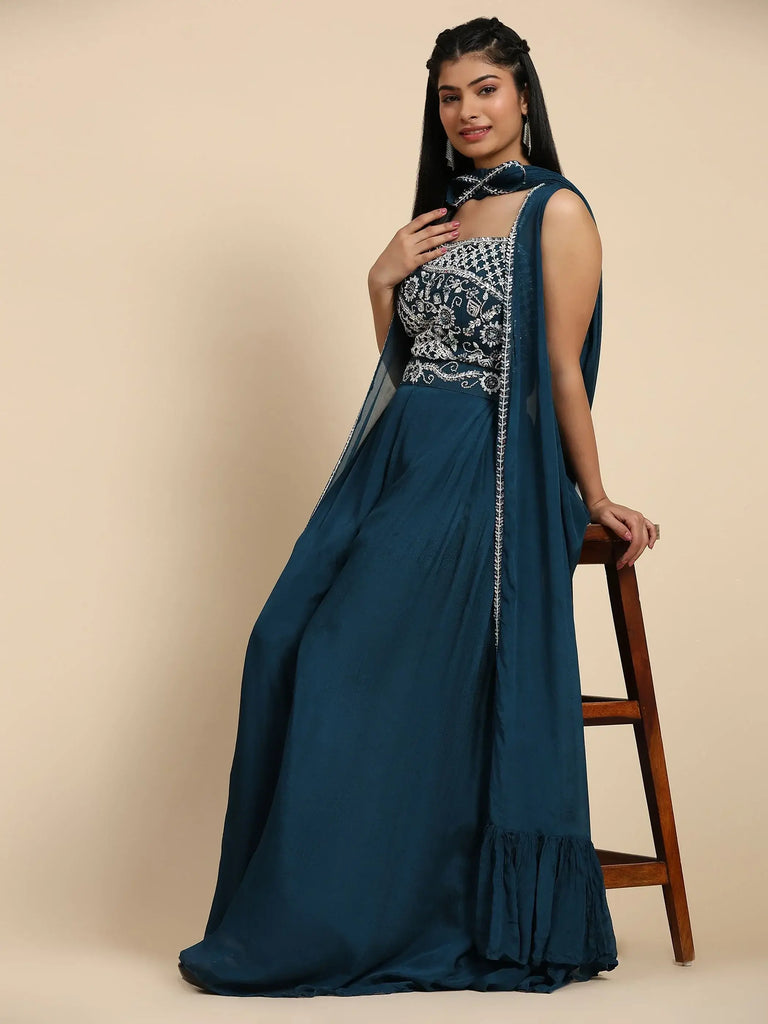 Adorable Teal Blue Embroidered Chinon Crop Top Palazzo With Shrug