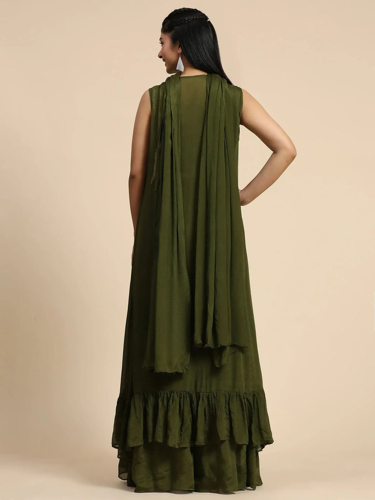 Precious Olive Green Embroidered Chinon Crop Top Palazzo With Shrug