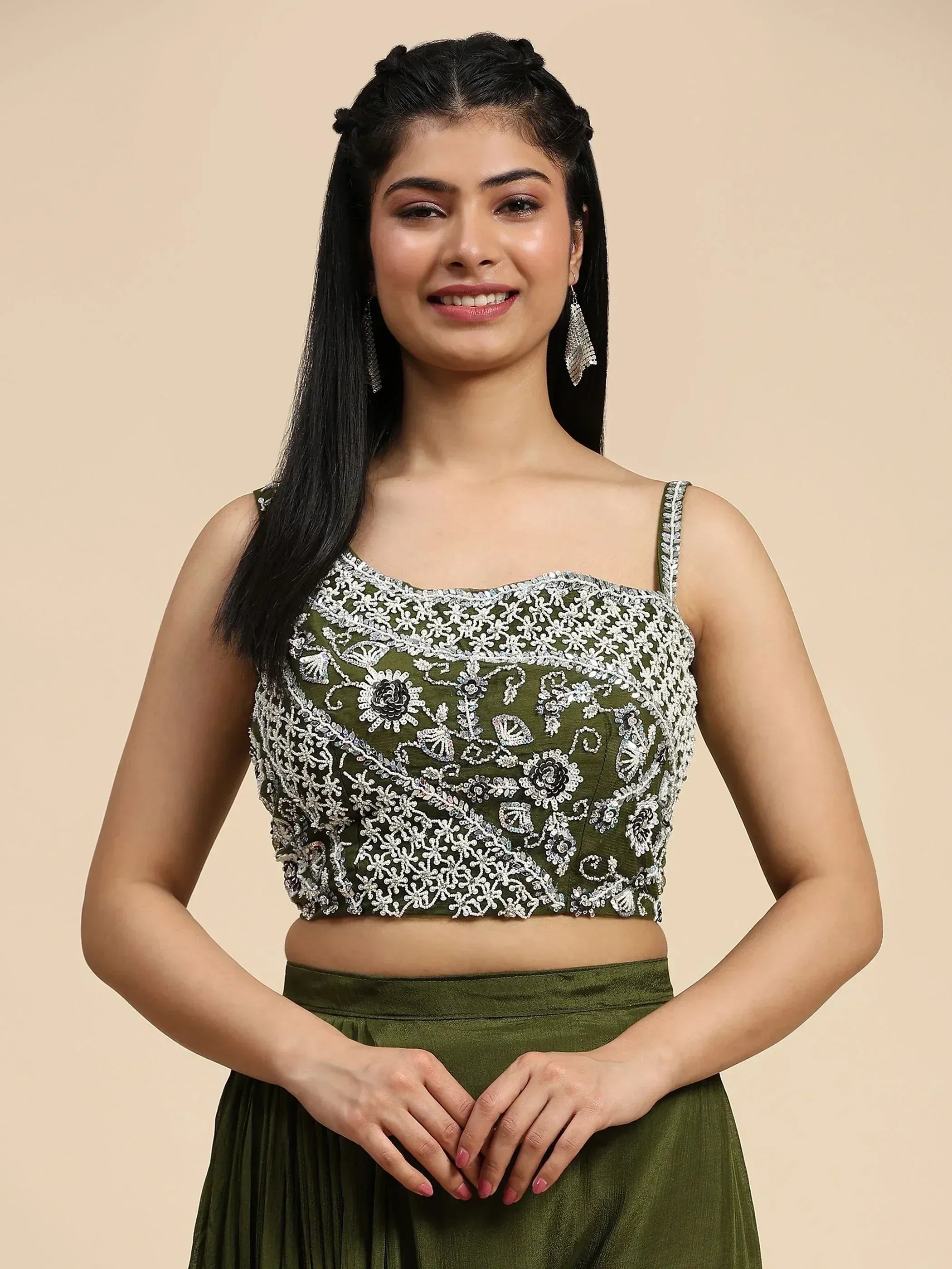 Olive green embroidered crop top with floral zari work, paired with matching skirt for Indian ethnic wear