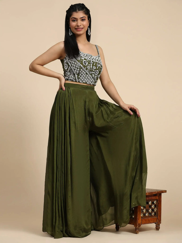 Precious Olive Green Embroidered Chinon Crop Top Palazzo With Shrug