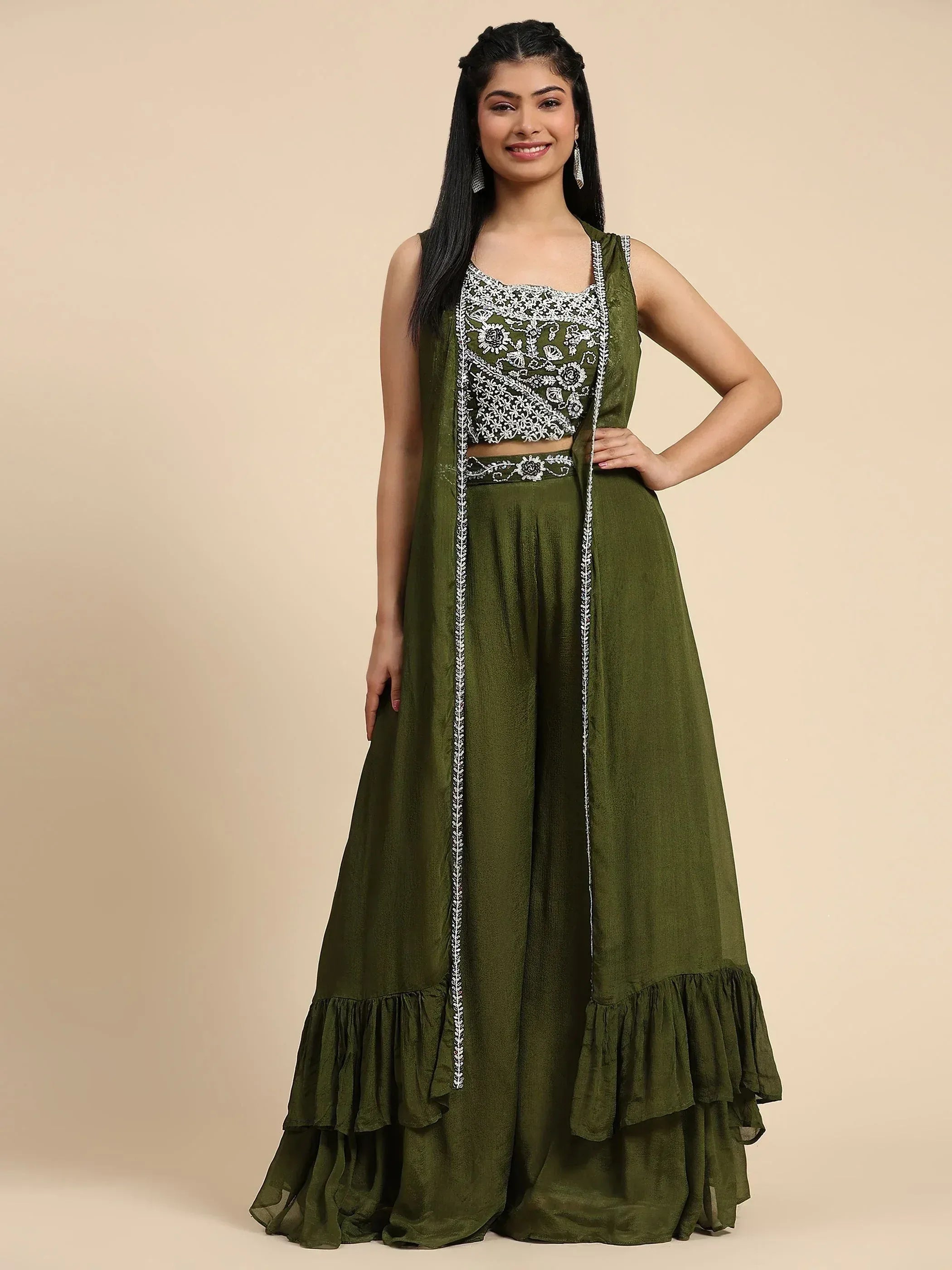 Olive green embroidered lehenga choli with ruffled skirt and floral detailing