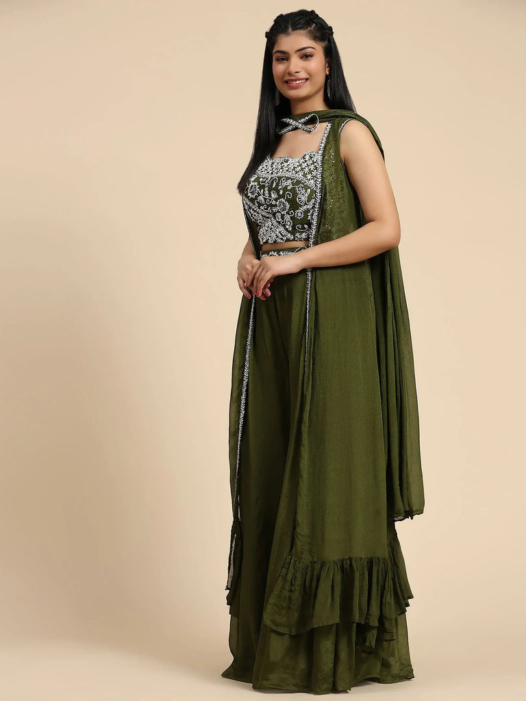 Precious Olive Green Embroidered Chinon Crop Top Palazzo With Shrug
