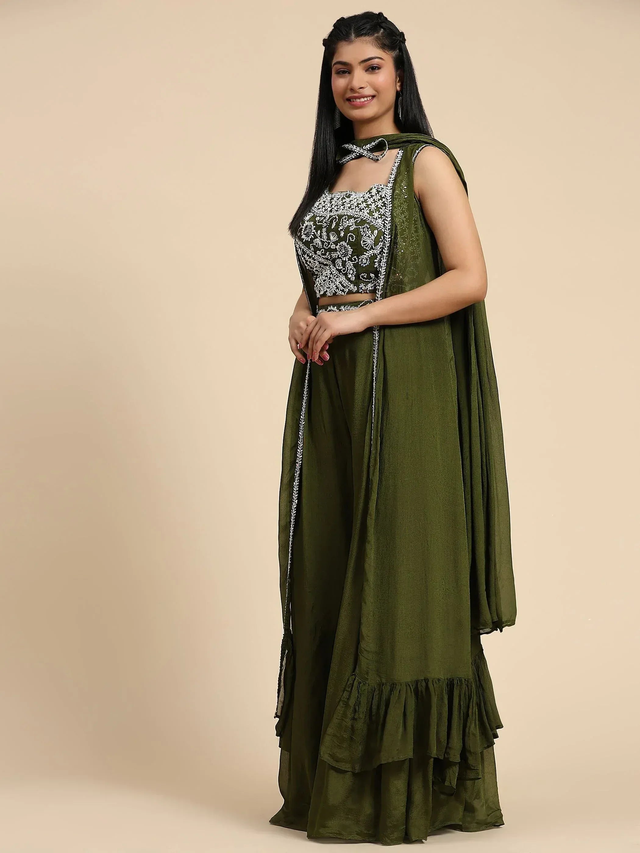 Olive green ethnic sharara set with white embroidery, ruffled hem, and matching dupatta for women