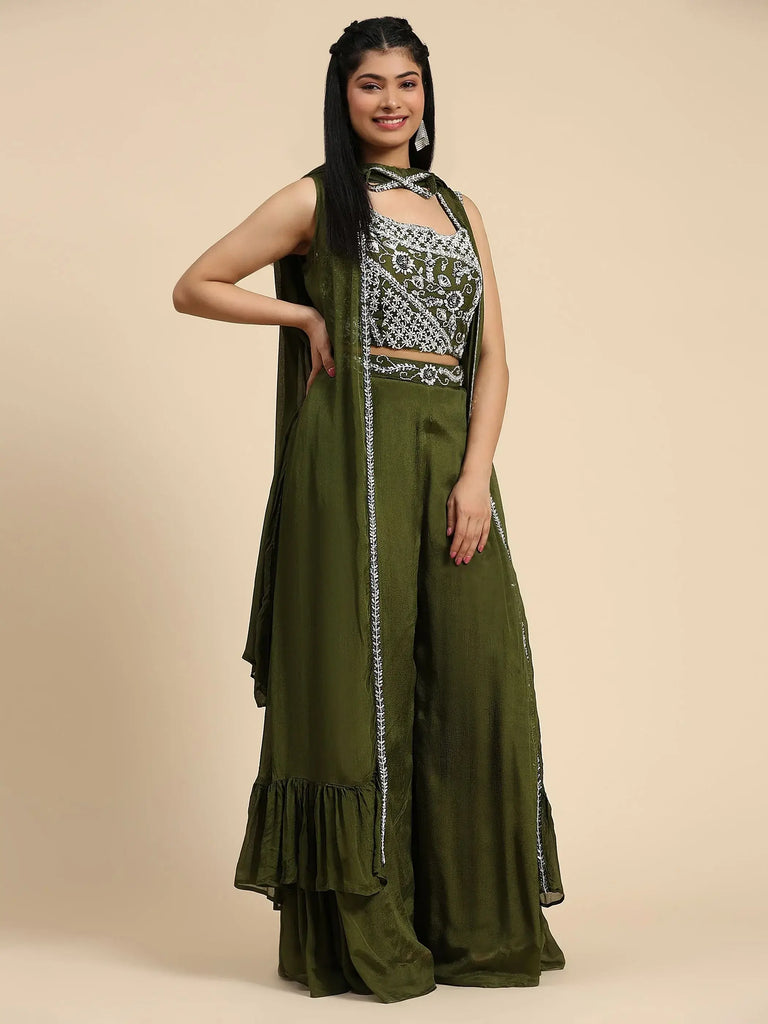 Precious Olive Green Embroidered Chinon Crop Top Palazzo With Shrug