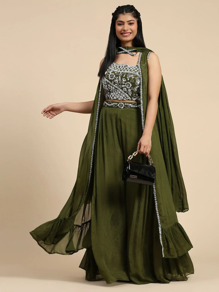Precious Olive Green Embroidered Chinon Crop Top Palazzo With Shrug