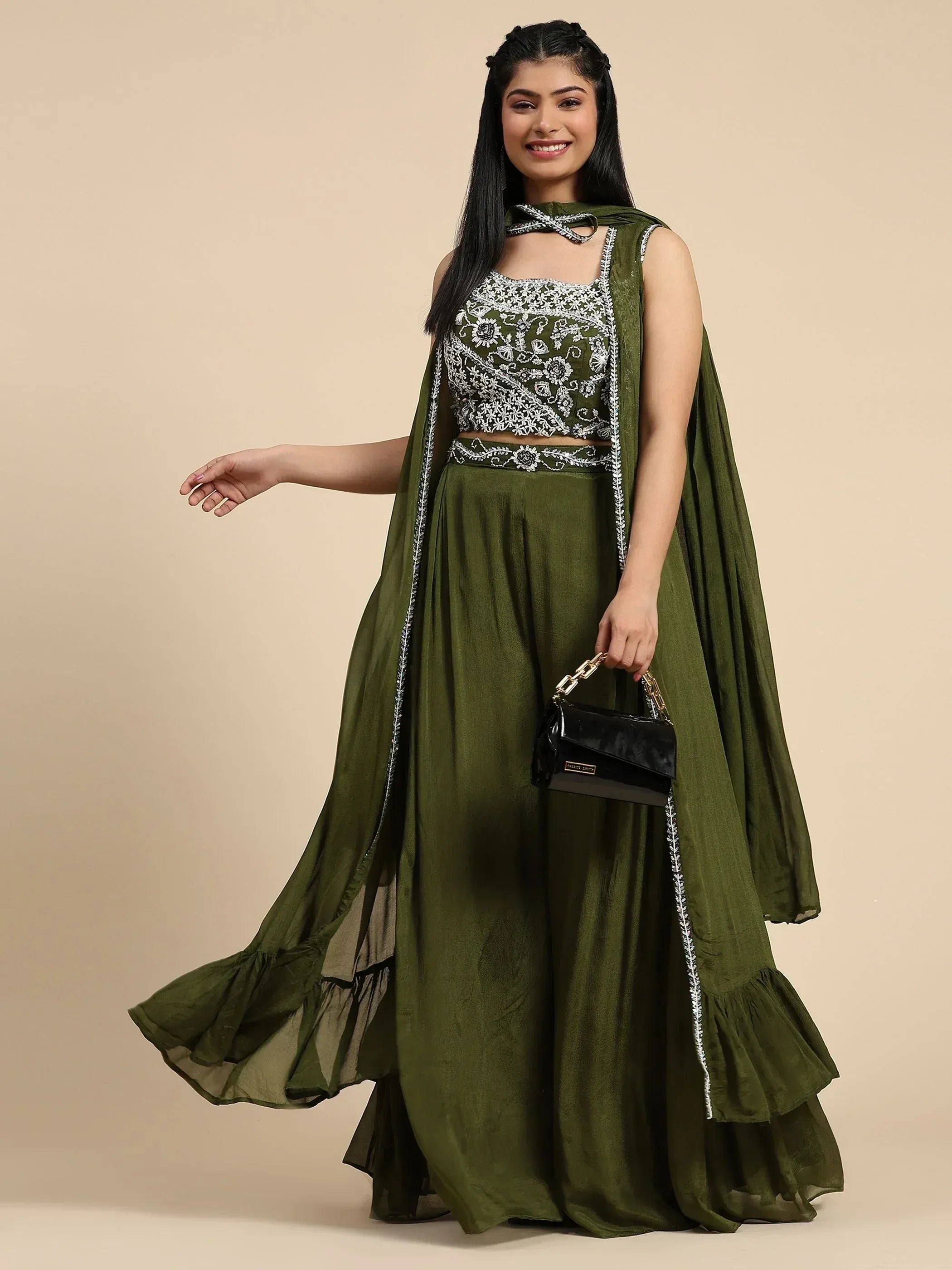 Olive green embroidered lehenga choli with cape, perfect for Indian ethnic wear events
