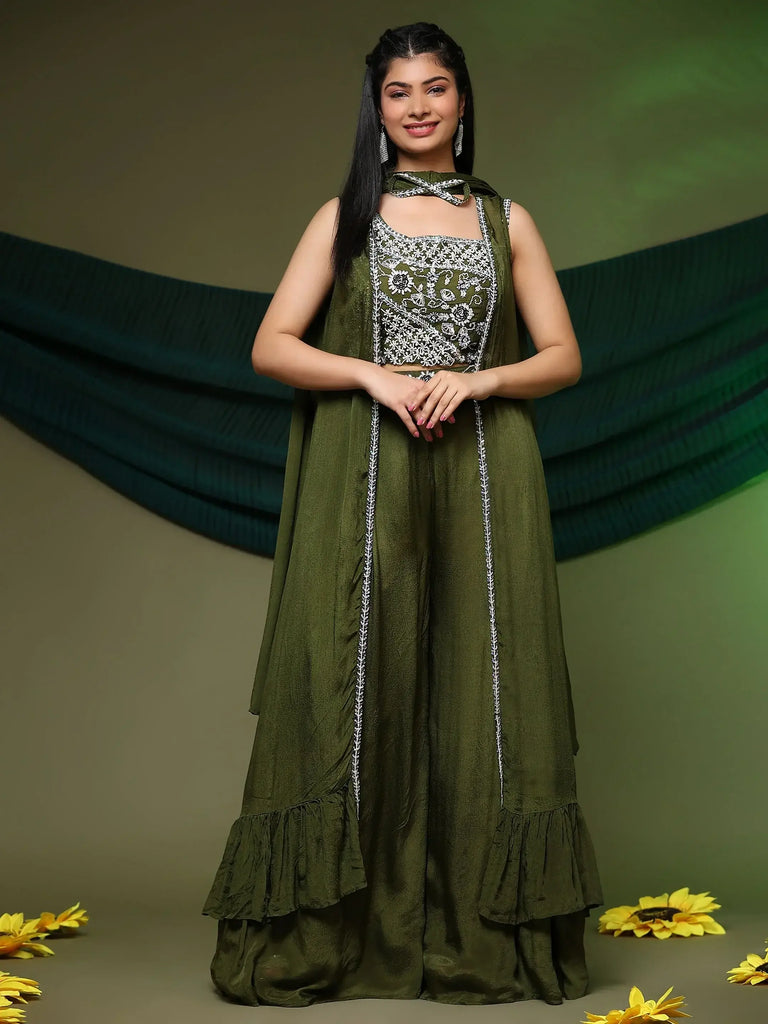 Precious Olive Green Embroidered Chinon Crop Top Palazzo With Shrug
