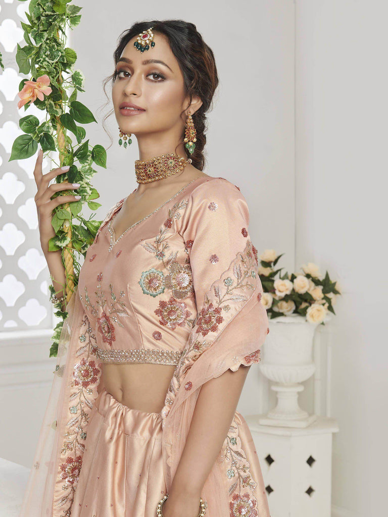 Peach Sequin Silk Bridal Wear Lehenga Choli