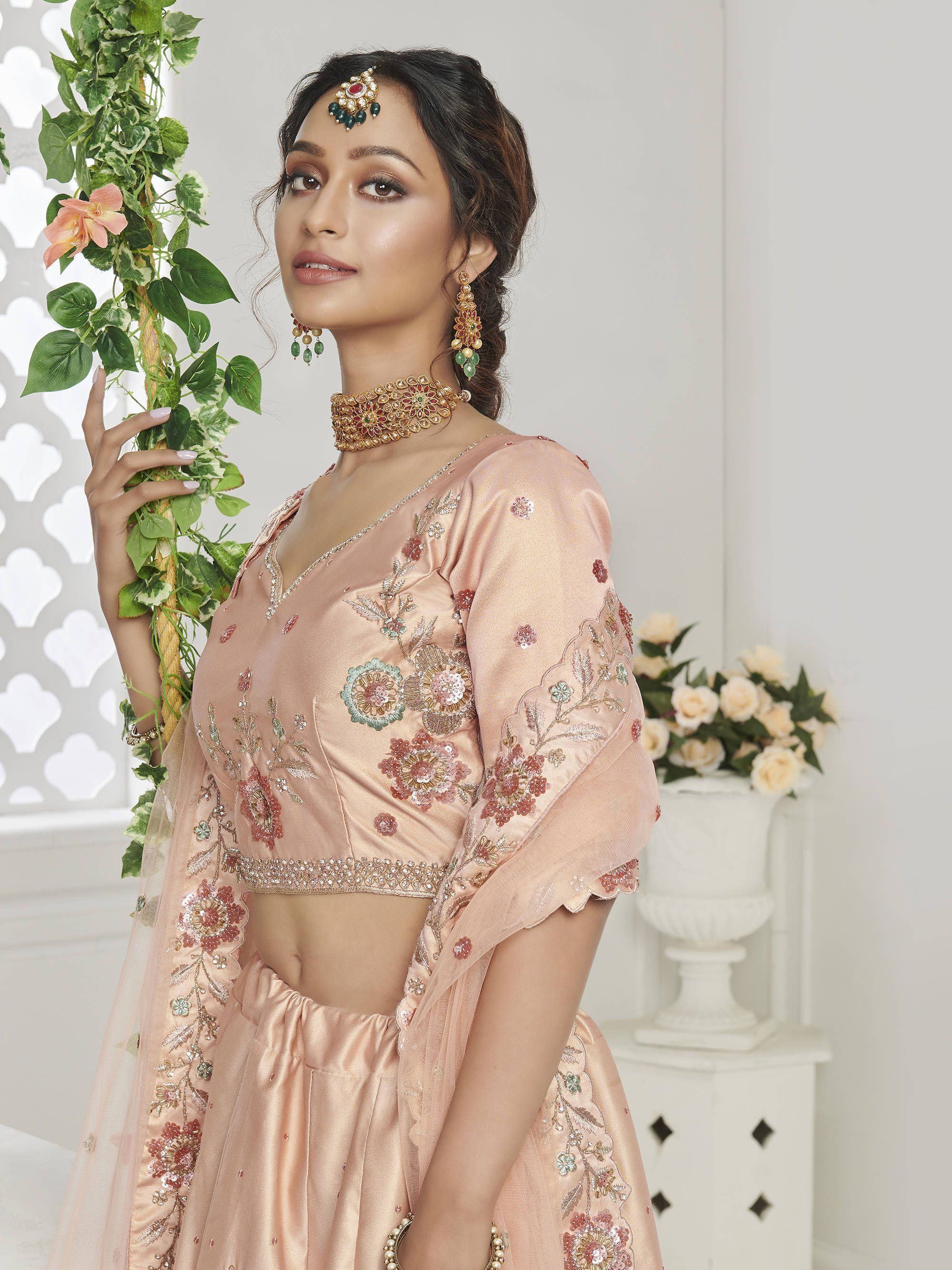 Peach Sequin Silk Bridal Wear Lehenga Choli
