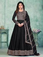 Captivating Black Thread Work Silk Event Wear Gown With Dupatta