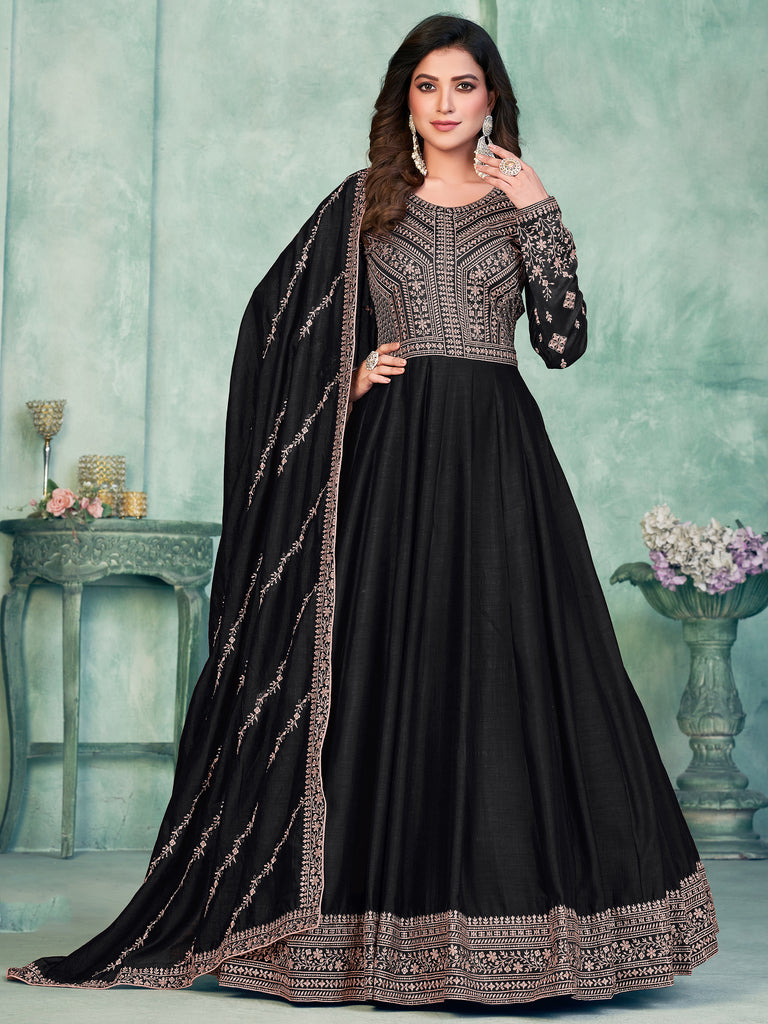 Captivating Black Thread Work Silk Event Wear Gown With Dupatta