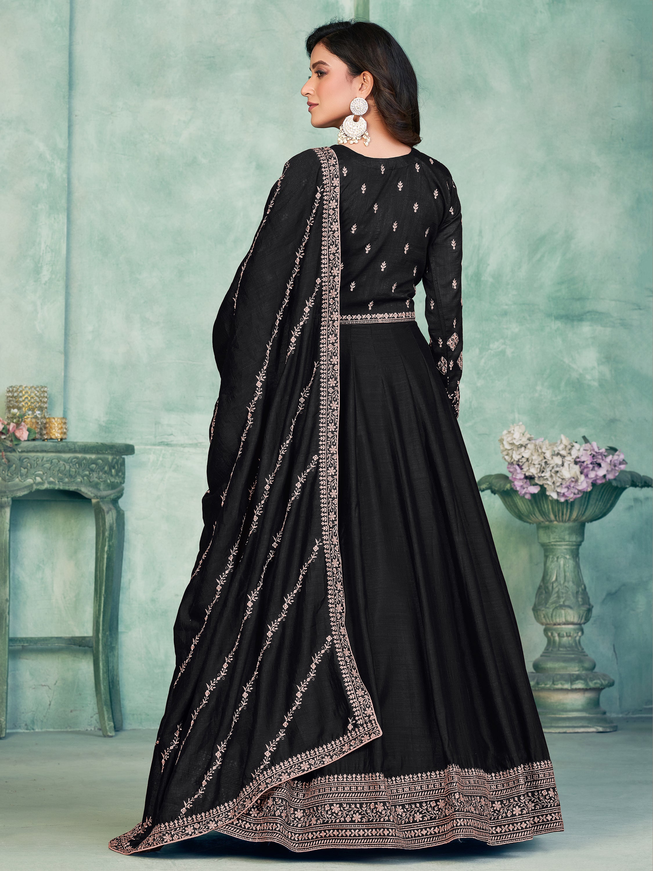 Captivating Black Thread Work Silk Event Wear Gown With Dupatta