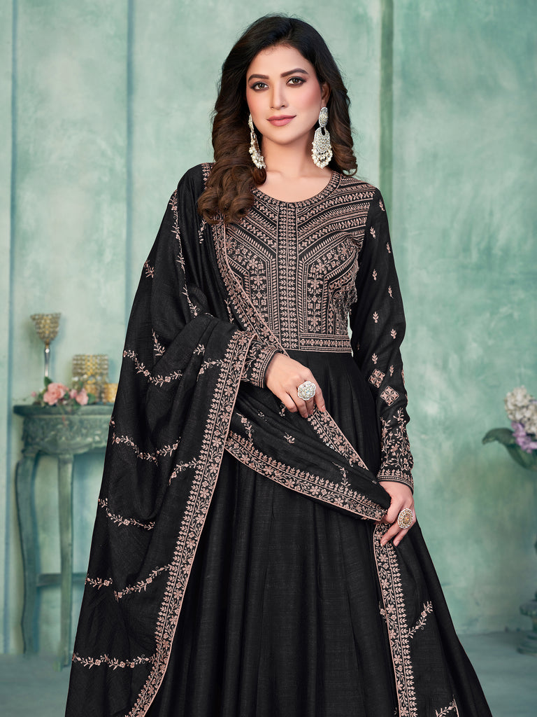 Captivating Black Thread Work Silk Event Wear Gown With Dupatta
