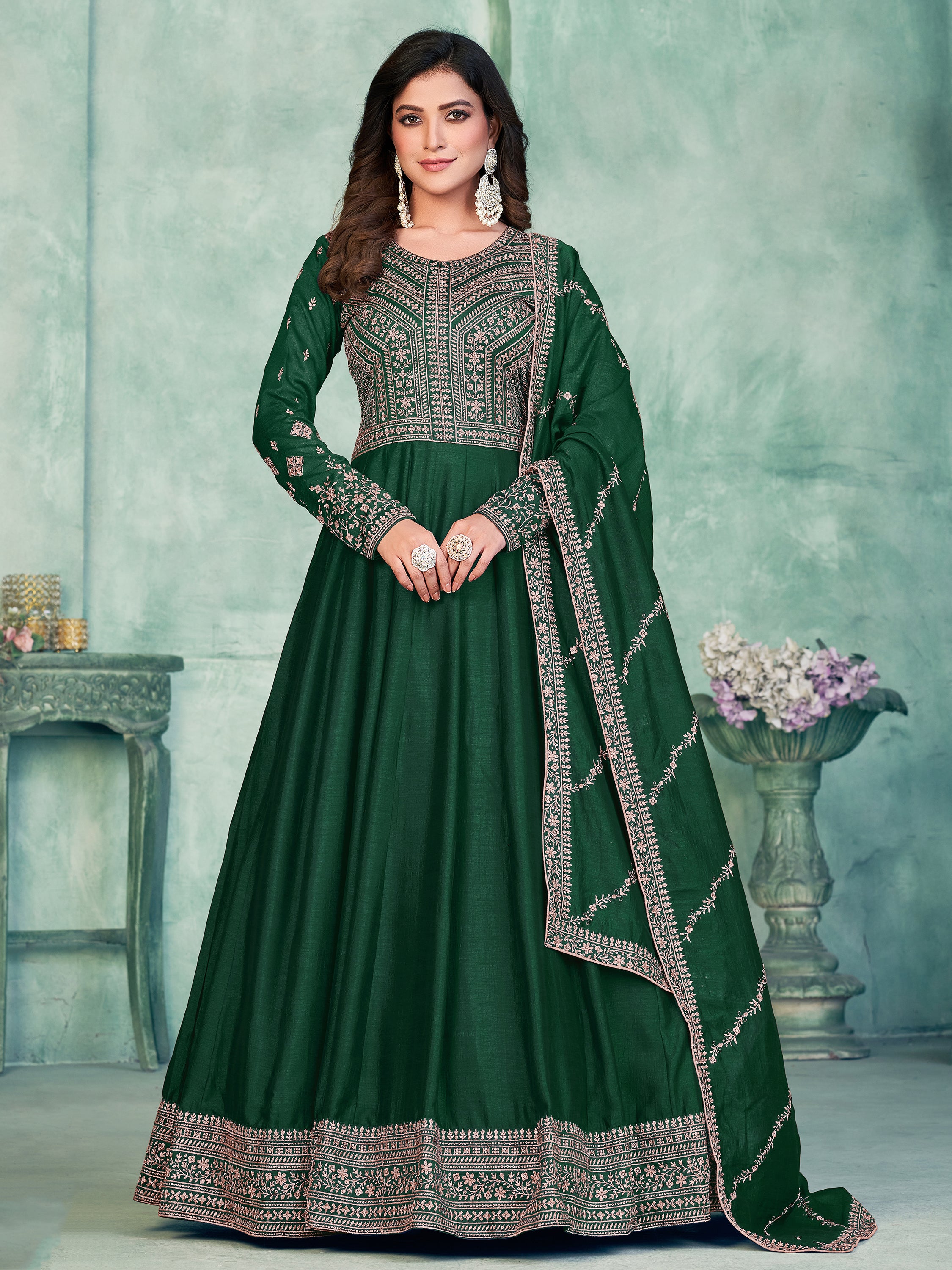 Delicate Green Sequins Silk Mehendi Wear Gown With Dupatta