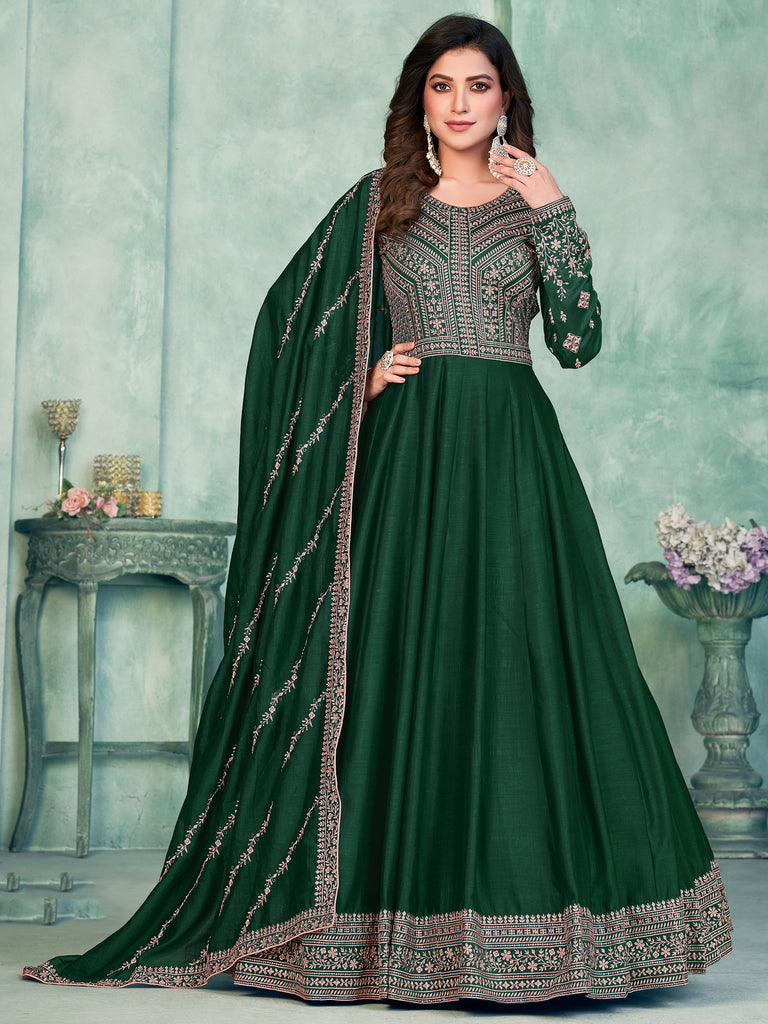 Delicate Green Sequins Silk Mehendi Wear Gown With Dupatta