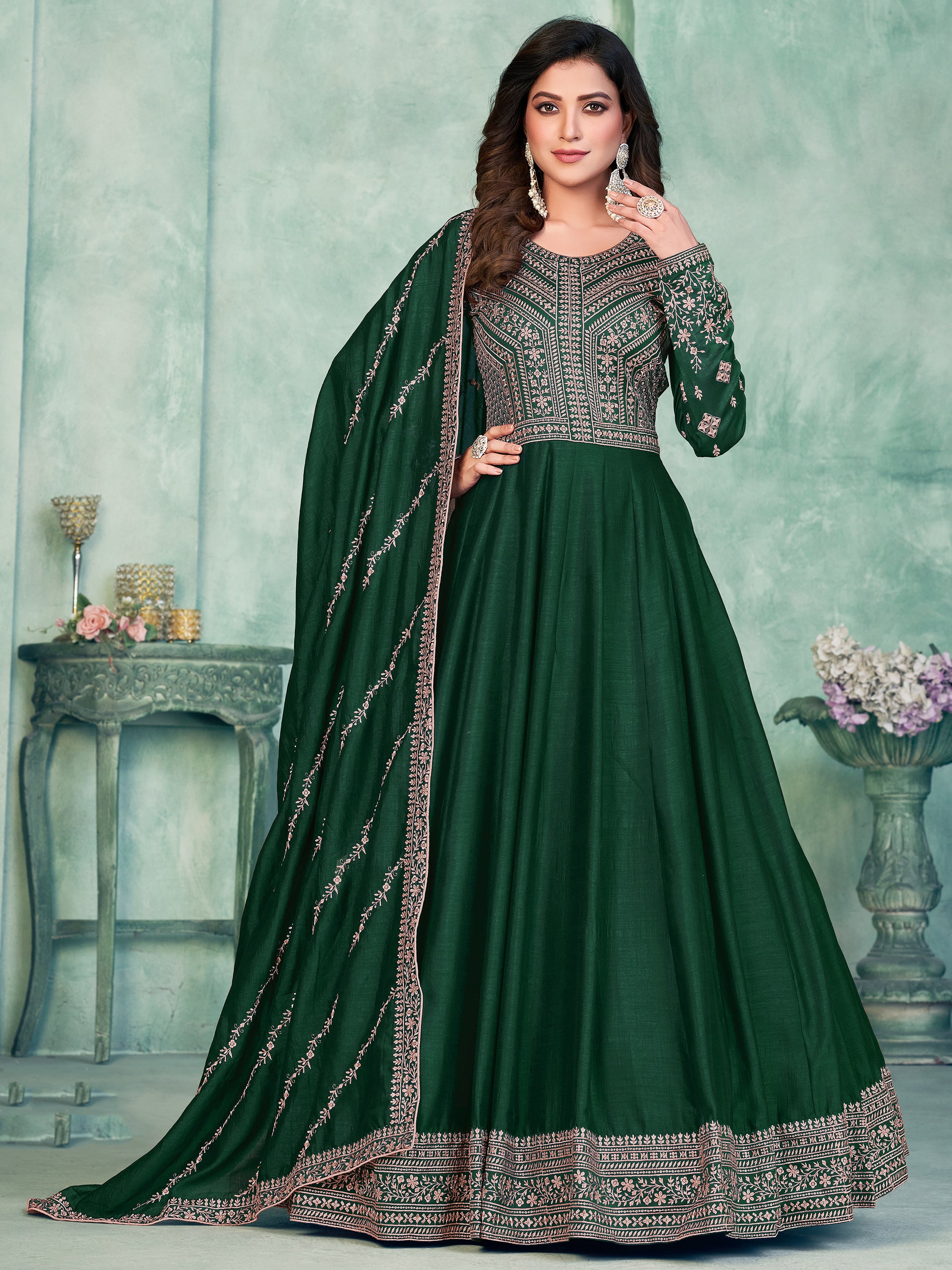 Delicate Green Sequins Silk Mehendi Wear Gown With Dupatta