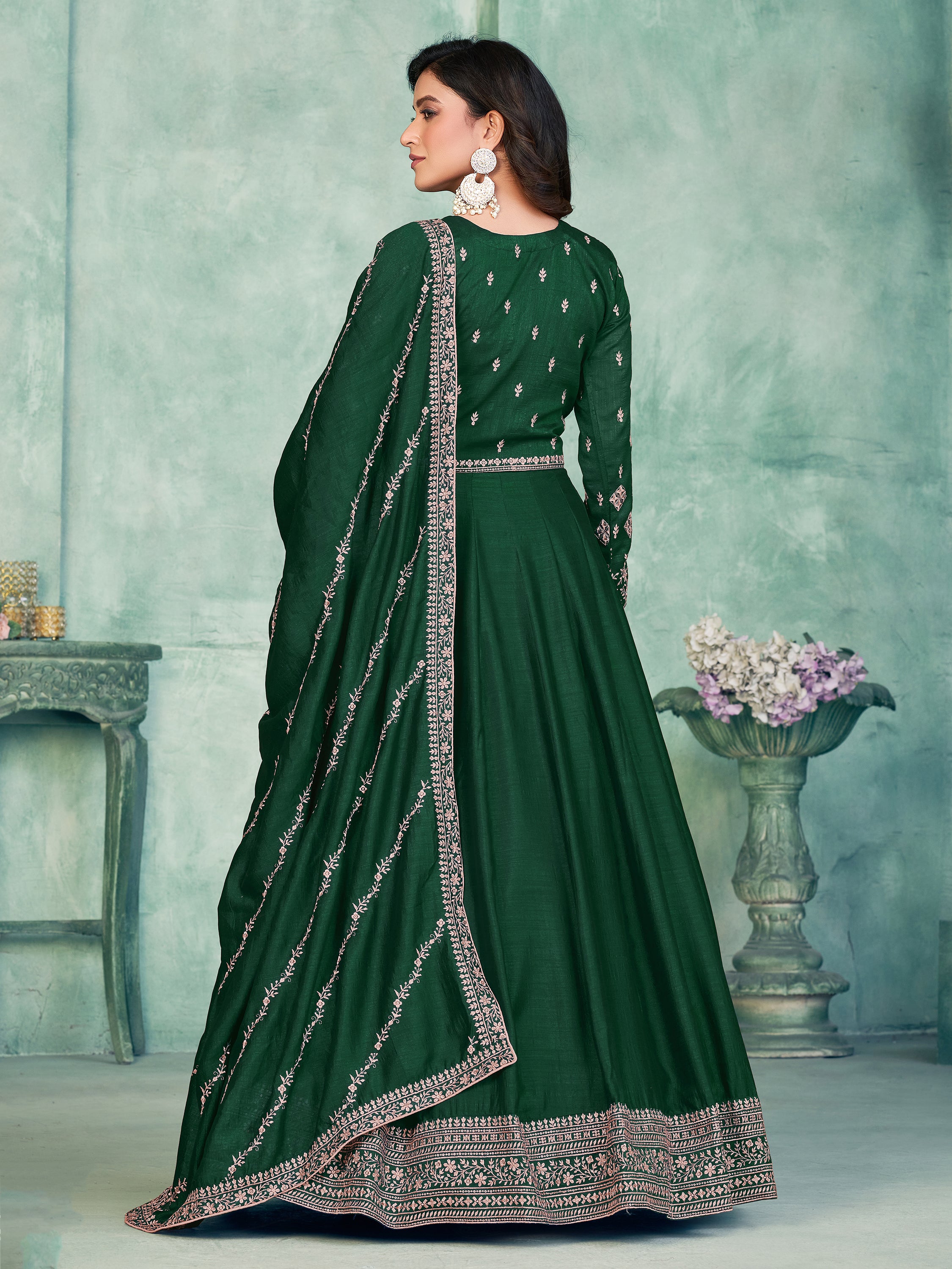 Delicate Green Sequins Silk Mehendi Wear Gown With Dupatta