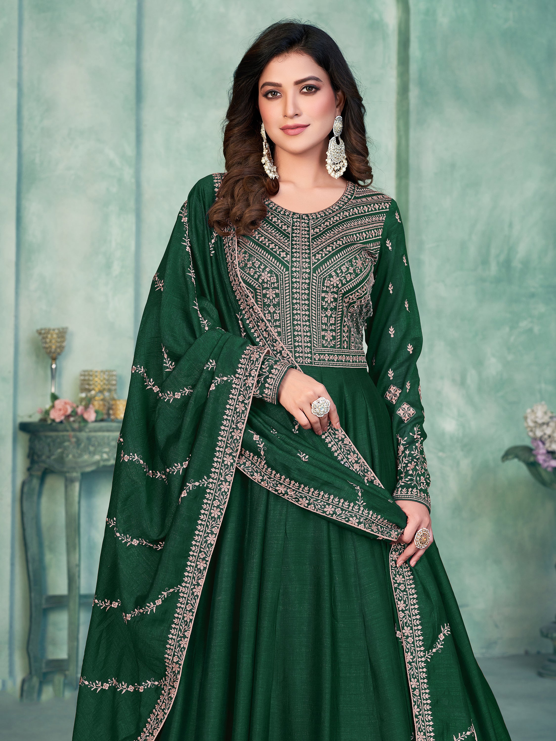 Delicate Green Sequins Silk Mehendi Wear Gown With Dupatta