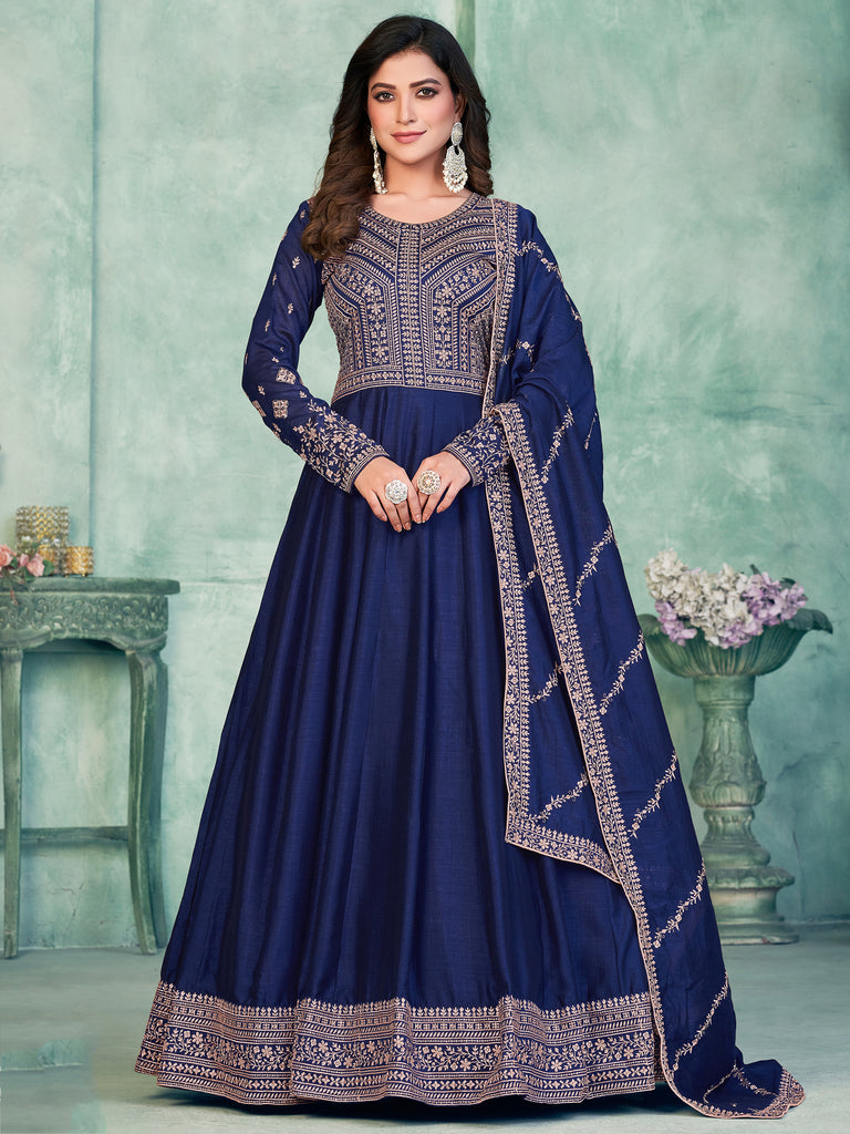 Stunning Navy Blue Embroidered Silk Festive Wear Gown With Dupatta
