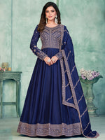 Stunning Navy Blue Embroidered Silk Festive Wear Gown With Dupatta