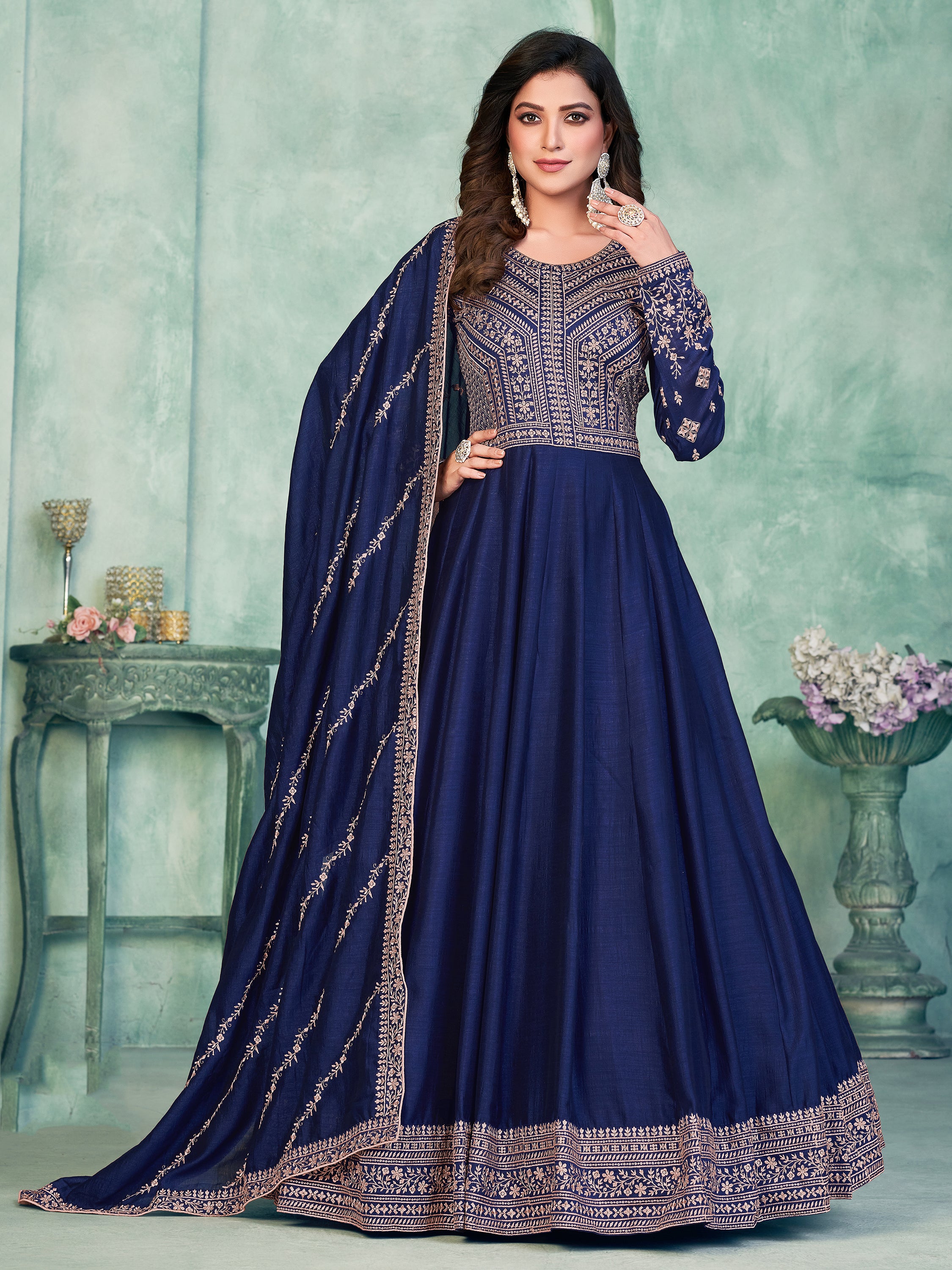 Stunning Navy Blue Embroidered Silk Festive Wear Gown With Dupatta
