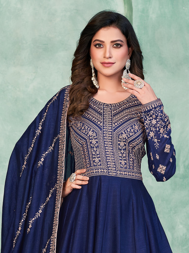Stunning Navy Blue Embroidered Silk Festive Wear Gown With Dupatta