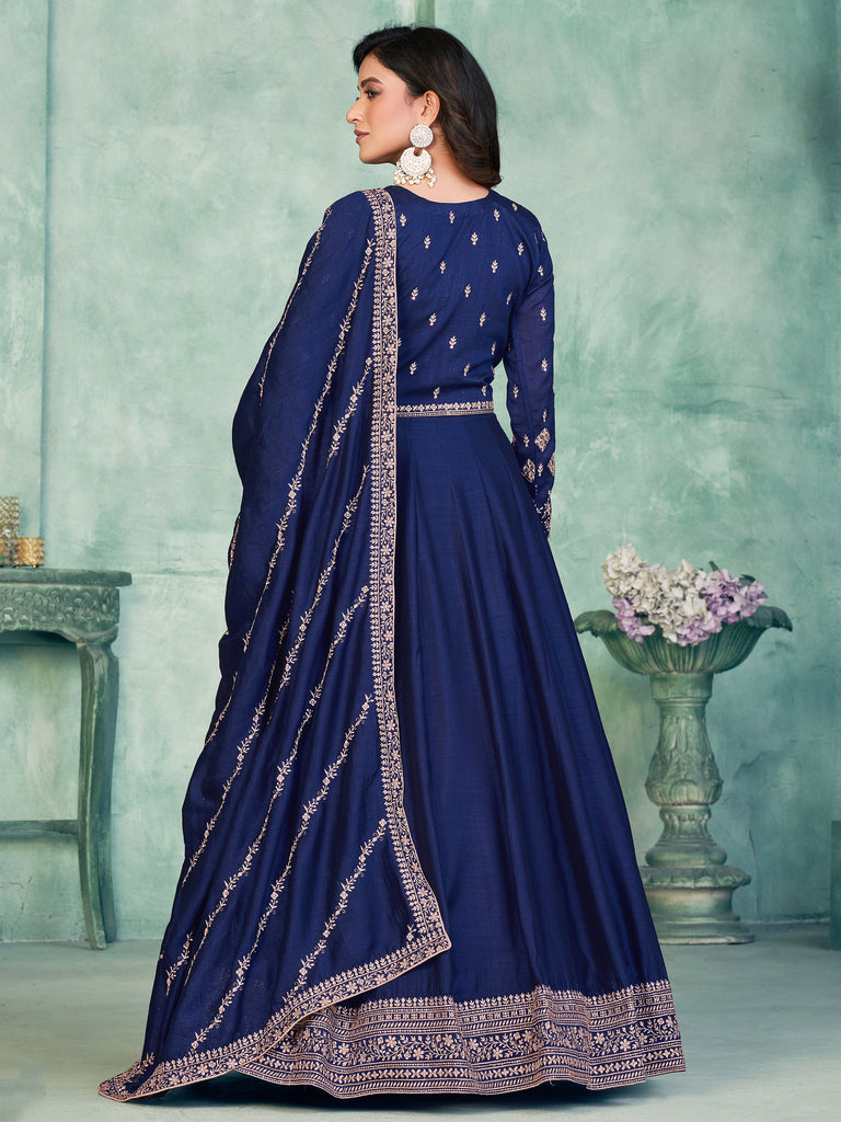 Stunning Navy Blue Embroidered Silk Festive Wear Gown With Dupatta