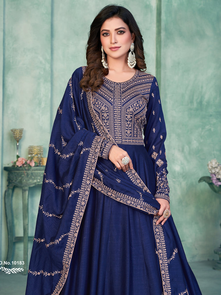 Stunning Navy Blue Embroidered Silk Festive Wear Gown With Dupatta