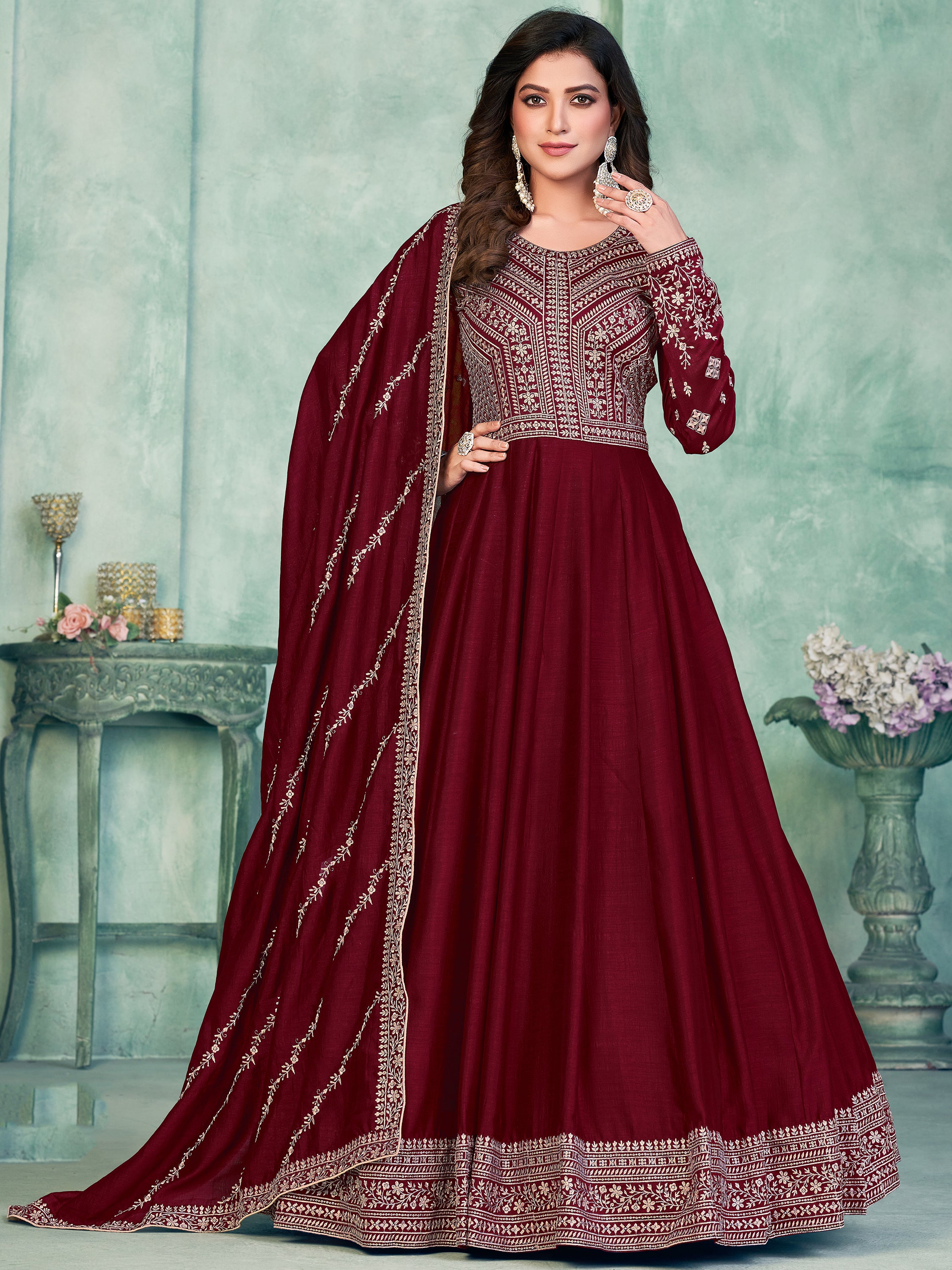 Royal Maroon Thread Work Silk Wedding Wear Gown With Dupatta
