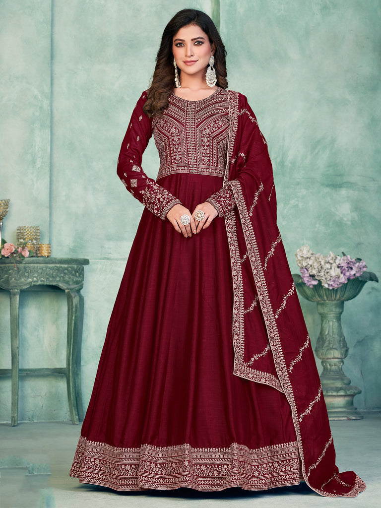 Royal Maroon Thread Work Silk Wedding Wear Gown With Dupatta