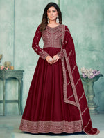 Royal Maroon Thread Work Silk Wedding Wear Gown With Dupatta