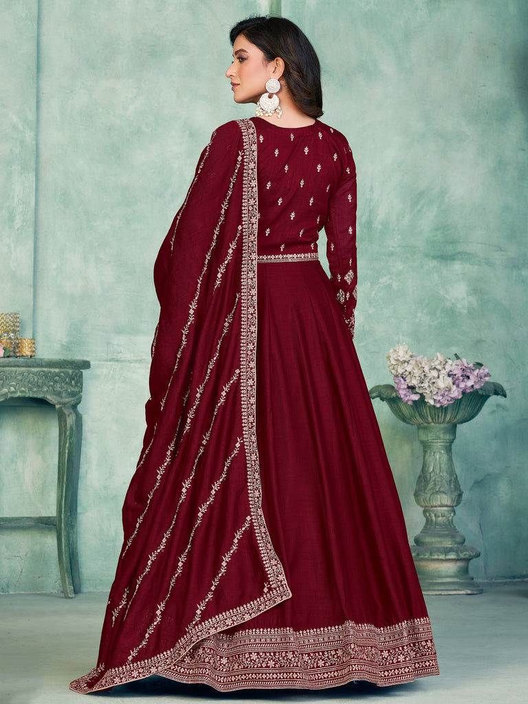 Royal Maroon Thread Work Silk Wedding Wear Gown With Dupatta