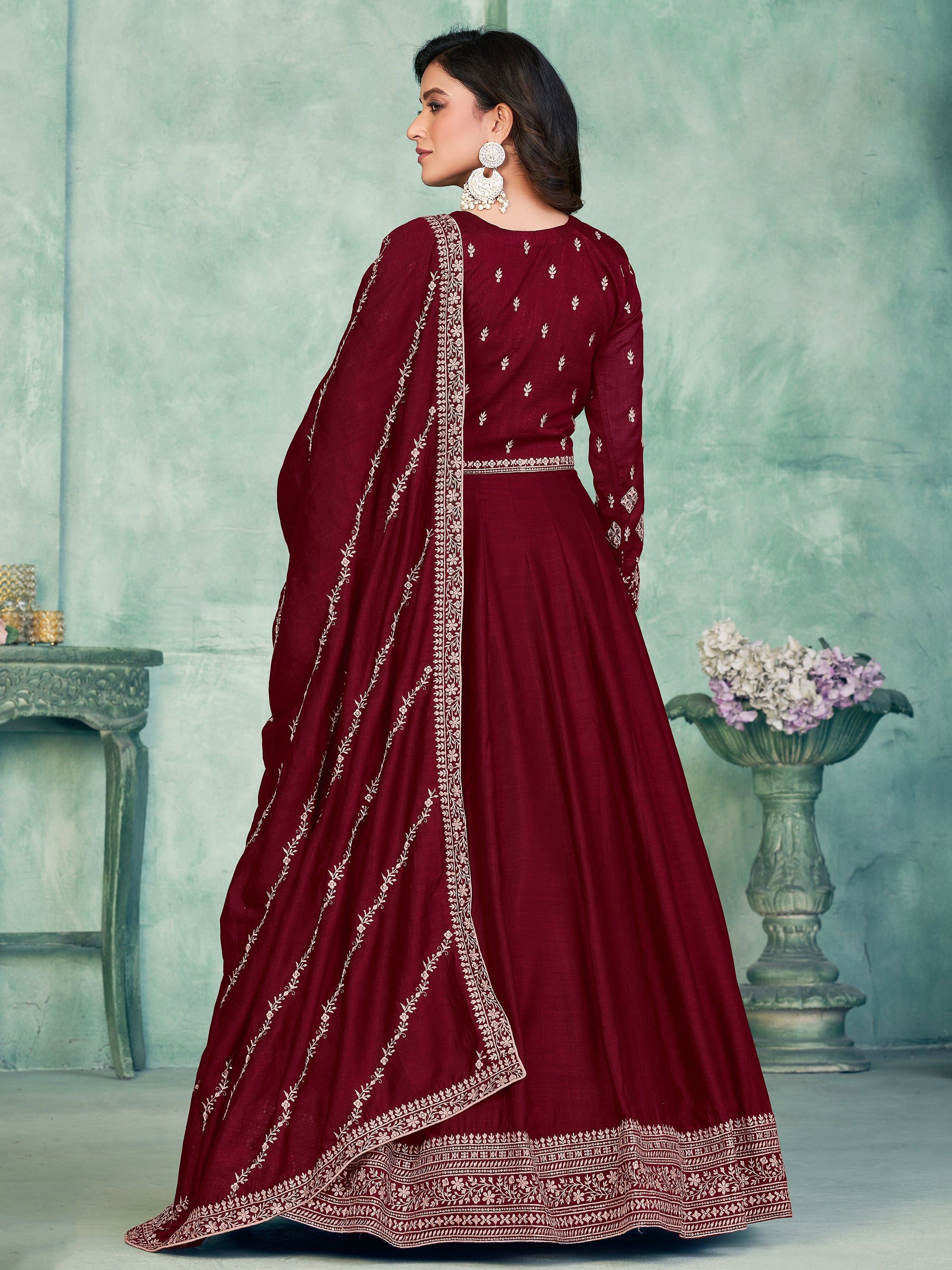 Royal Maroon Thread Work Silk Wedding Wear Gown With Dupatta