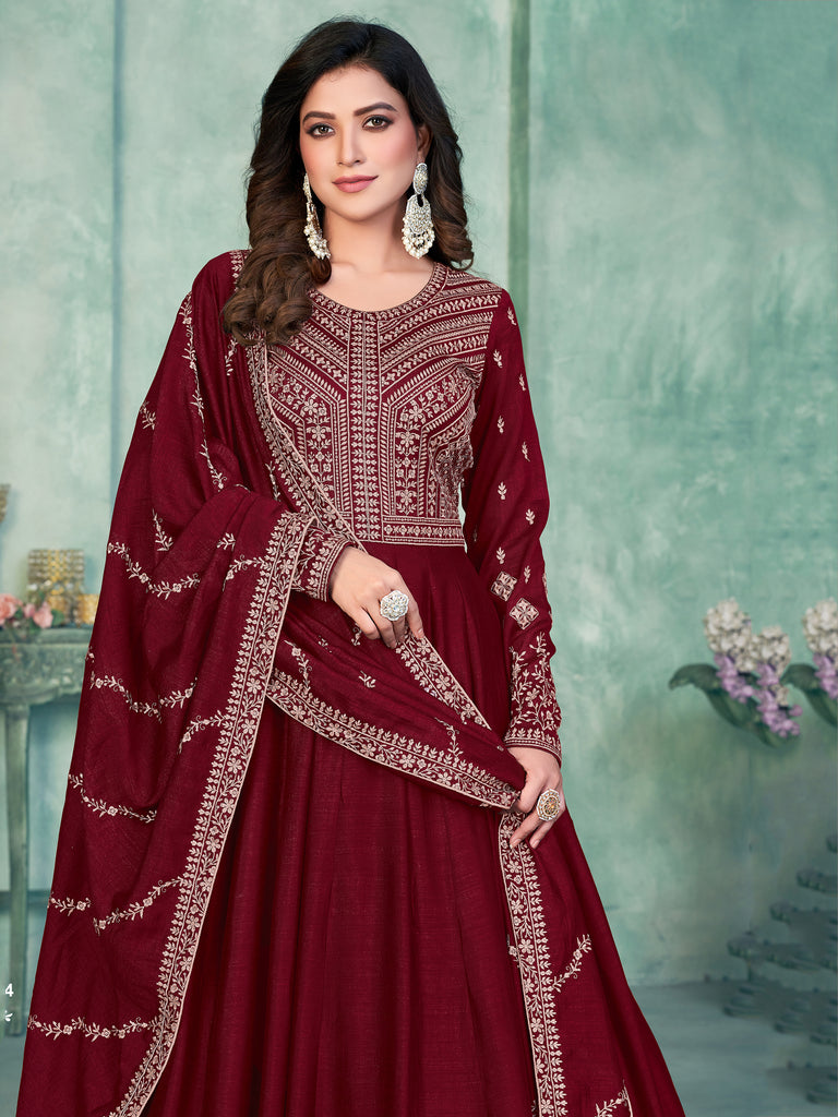Royal Maroon Thread Work Silk Wedding Wear Gown With Dupatta