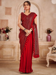 Fashionable Red Sequins Imported Ready To Wear Saree With Blouse