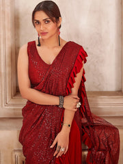 Fashionable Red Sequins Imported Ready To Wear Saree With Blouse